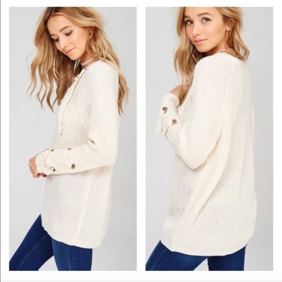 Oatmeal Lace Up Neckline Sweater - Picture 5 of 6